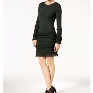 Trina Turk Merino Wool Black Fringe Sweater Dress.